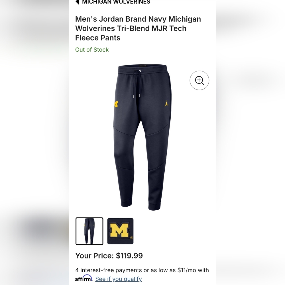 University Of Michigan Wolverines Jordan Tech Fleece Joggers